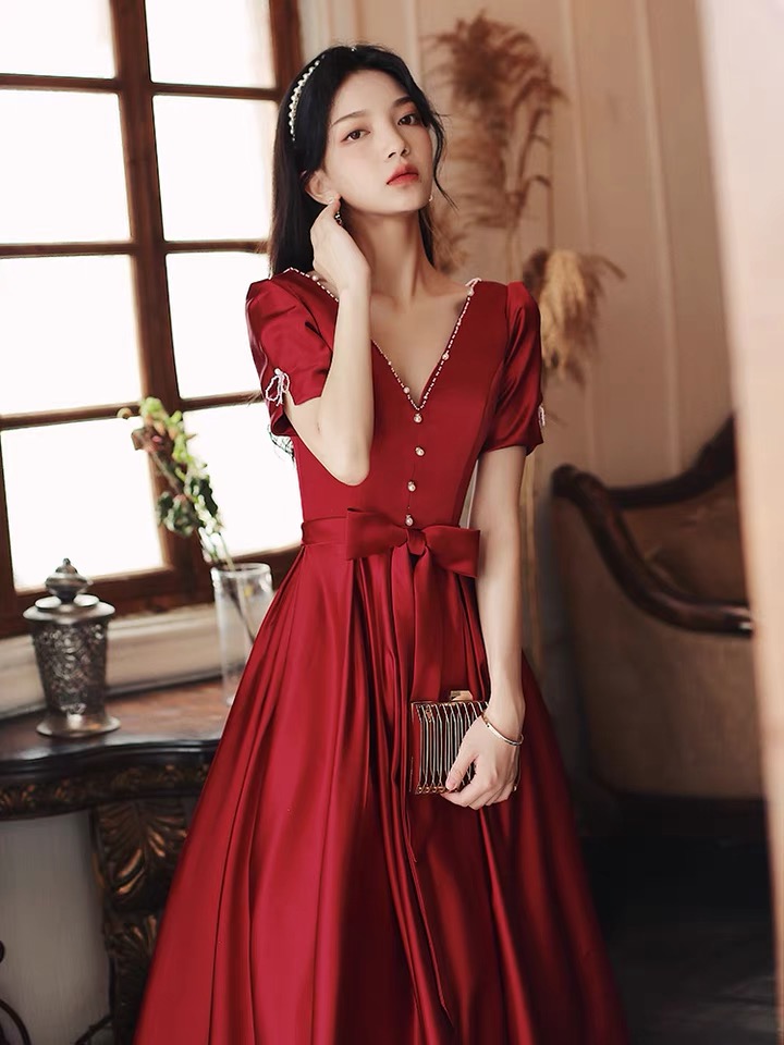 V-neck Prom Dress, Burgundy Party Dress,satin Evening Dress,custom Made