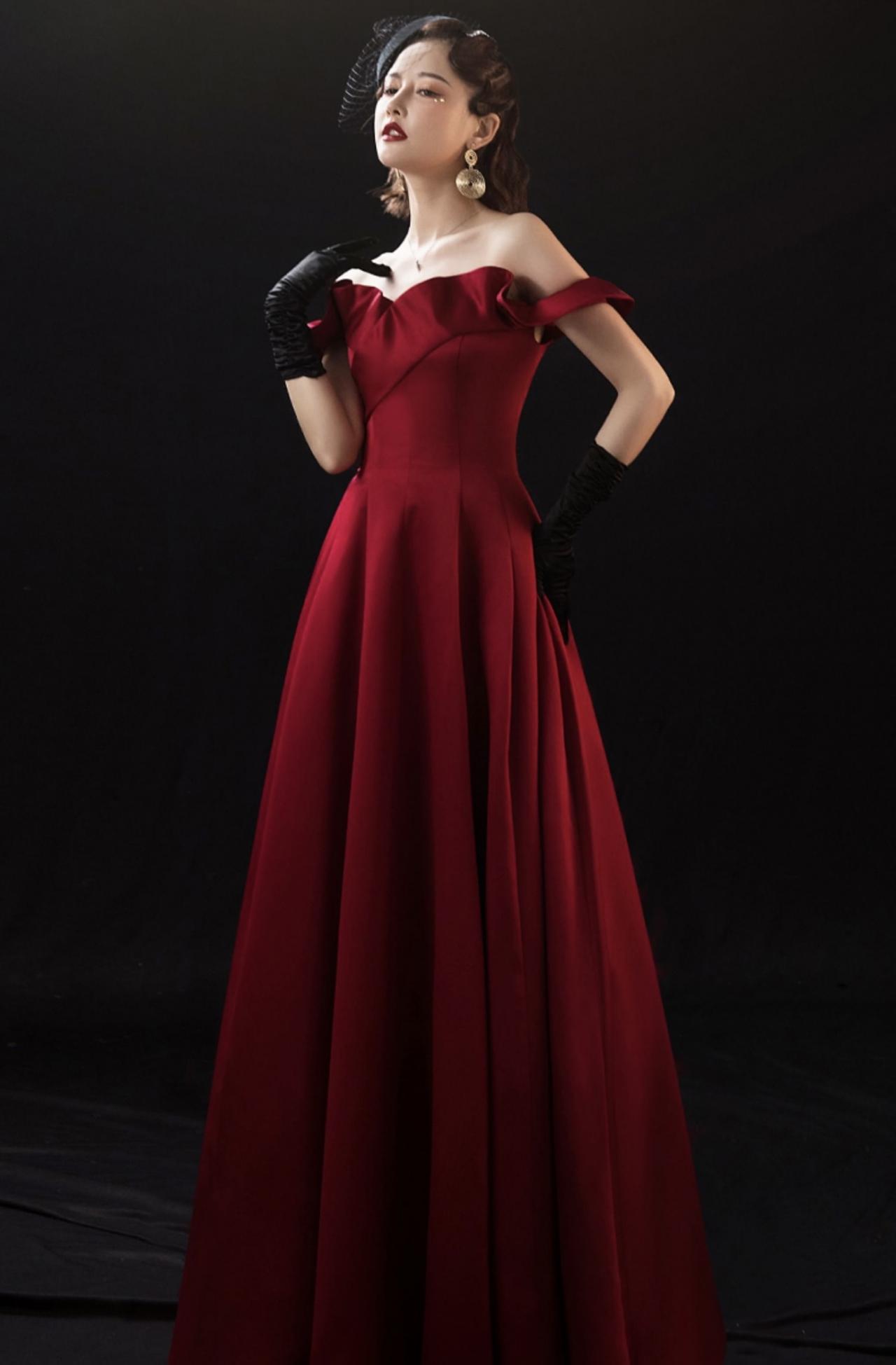 Burgundy Prom Dress, Socialite Style Satin Dress,off Shoulder Party Dress,custom Made