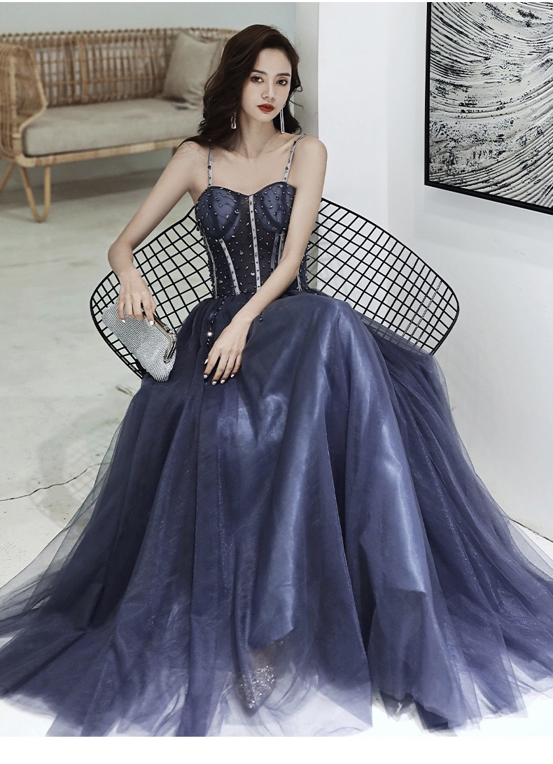 Blue Spaghetti Strap Prom Dress,beaded Party Dress,sexy Evening Dress,custom Made