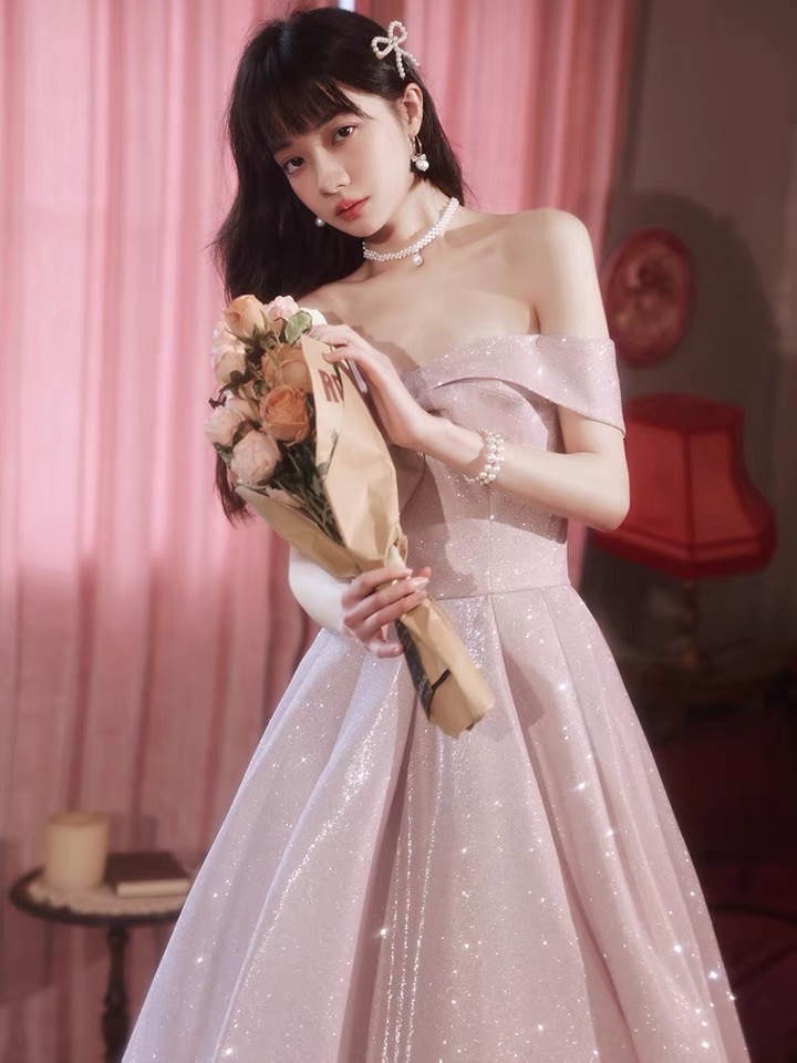 Pink Party Dress,off Shoulder Prom Dress,shiny Evening Dress,custom Made