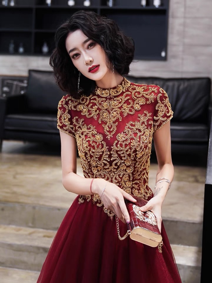 High Neck Evening Dress, Nail-bead Dress, Qipao Temperament Party Dress, Elegant Formal Evening Dress,custom Made