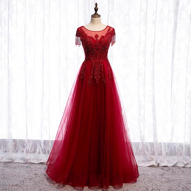 Red, Long Style Elegant Prom Dress, Cap Sleeve Formal Evening Dress,custom Made