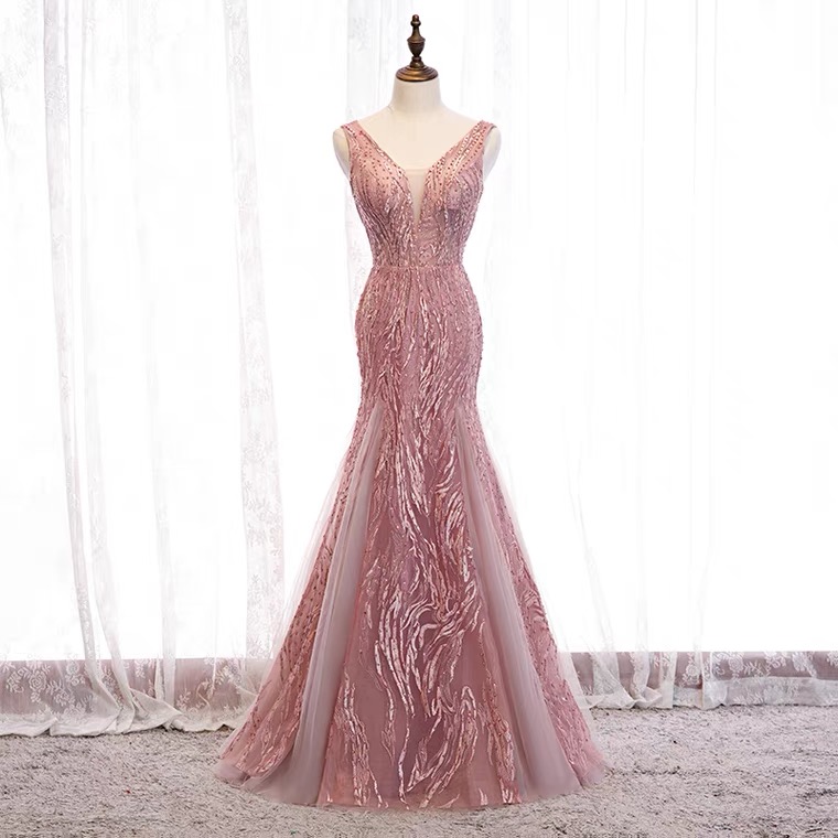 Pink Evening Dress, V-neck, Long Mermaid Party Dress,custom Made