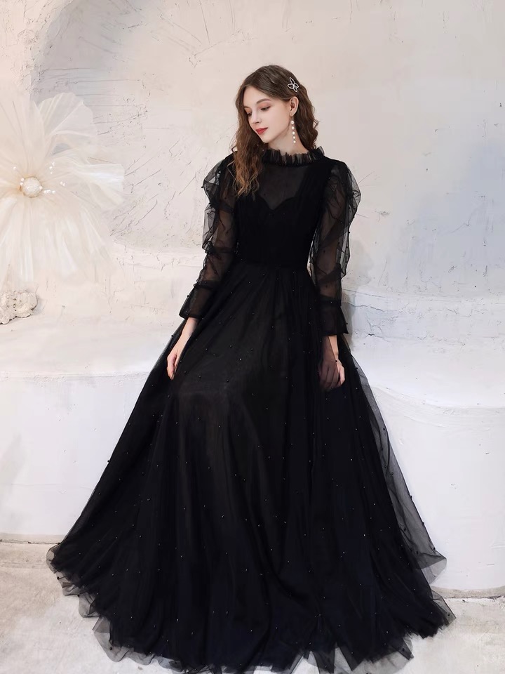 Light Luxury Lady Dress, Long Sleeve Black Evening Dress, Elegant Formal Dress,custom Made