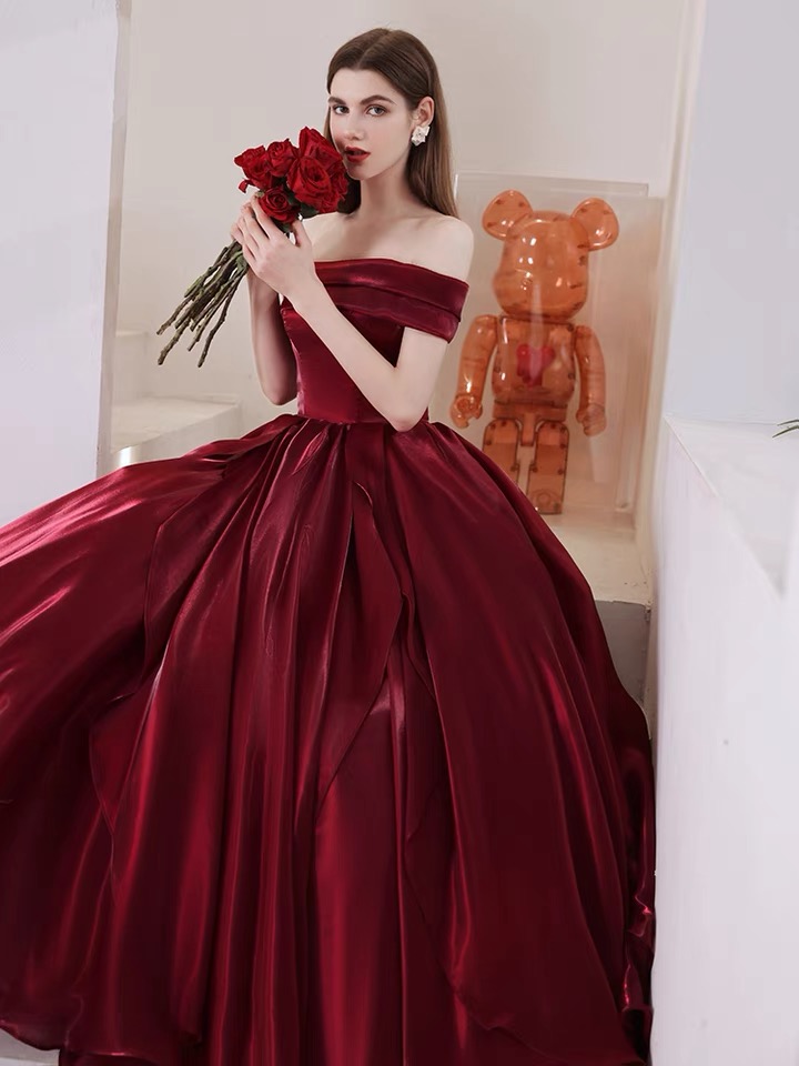 Off-shoulder Wedding Dress, Burgundy Prom Dress,formal Ball Gown,custom Made