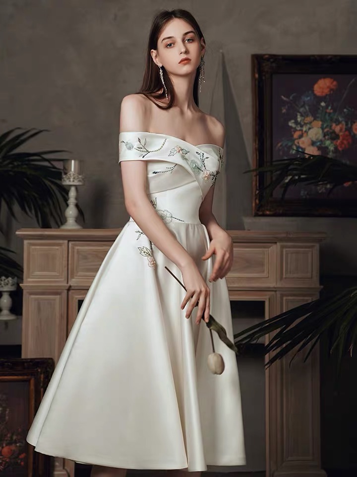 Off Shoulder Satin Light Wedding Gown, Embroidered Homecoming Dress,custom Made