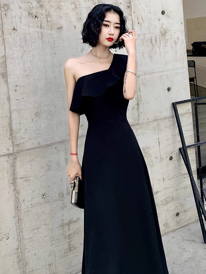 Black Evening Dress, High Quality Satin Dress, One Shoulder Party Dress,custom Made