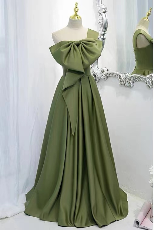 One Shoulder Evening Dress, Green Bowknot Prom Dress, Temperament Elegant Senior Sense Dress,custom Made