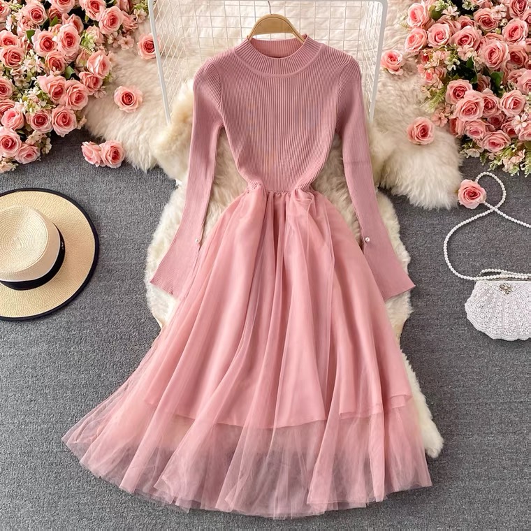 Autumn And Winter, In The Long Temperament Knitted Stitching Tulle Dress, Elegant Temperament Sweater Dress