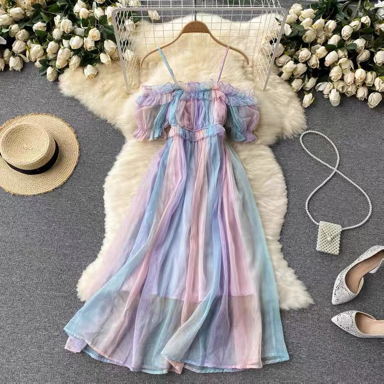 Holiday Dress, Rainbow Gradient Dress, Tulle Fairy Dress, Off Shoulder Dress