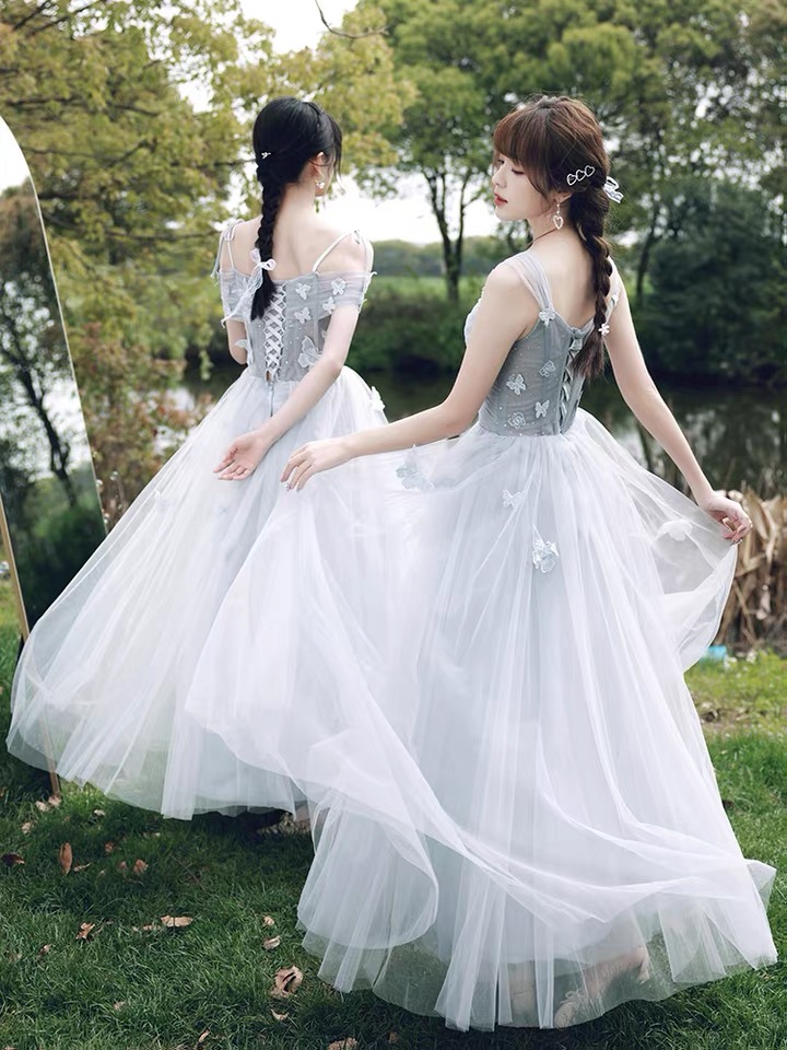 Blue Bridesmaid Dress, Fairy Prom Dress, Sister Dress, Long Appliique Party Dress,custom Made