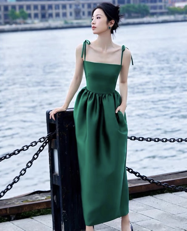  Green birthday evening dress, spaghetti strap midi dress,simple party dress,custom made