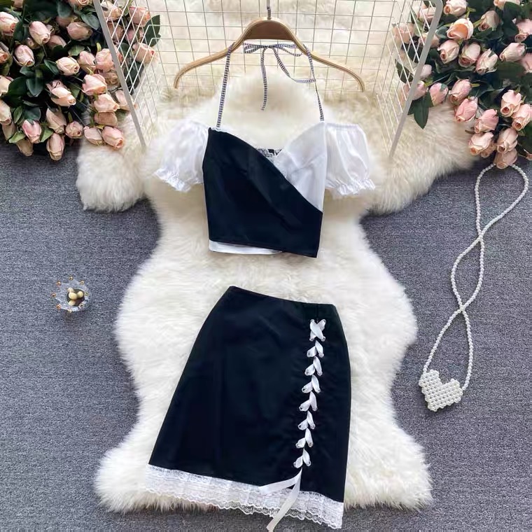 Suit, match color short crop top, lace skirt, lovely two pieces