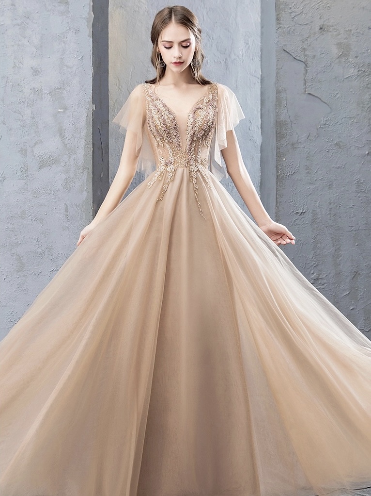V Neck Evening Dress, Golden Elegant Party Dress,custom Made