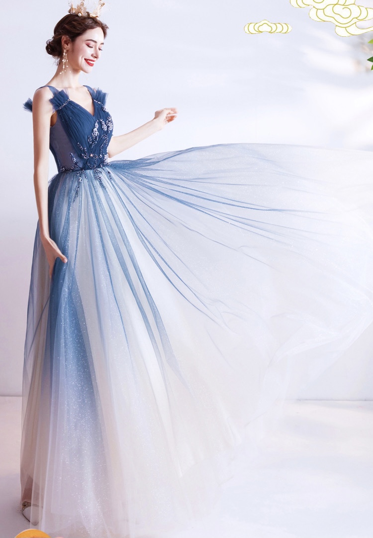 Star Blue Party Dress, V-neck Prom Dress,custom Made
