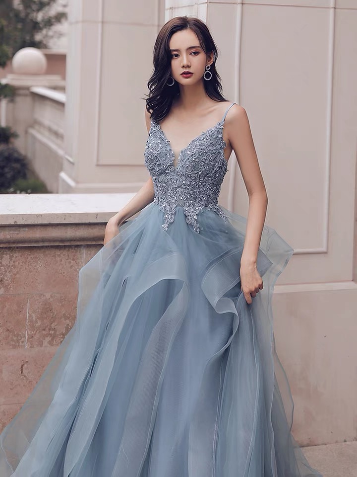 High Quality Evening Dress, Birthday Fairy Party Dress, Long Blue Elgant Prom Dress, Irregular Dress,custom Made