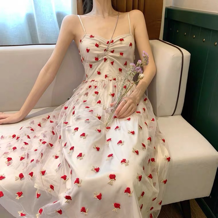 Sweet, Retro Platycodon Grandiflorum Dress, Super Fairy Dress Flower Spaghetti Strap Fashion Dress