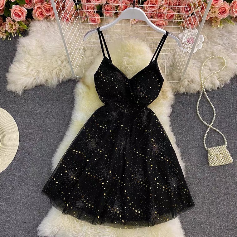 Mesh Splicingsequins A-line Dress, Sexy Little Black Dress
