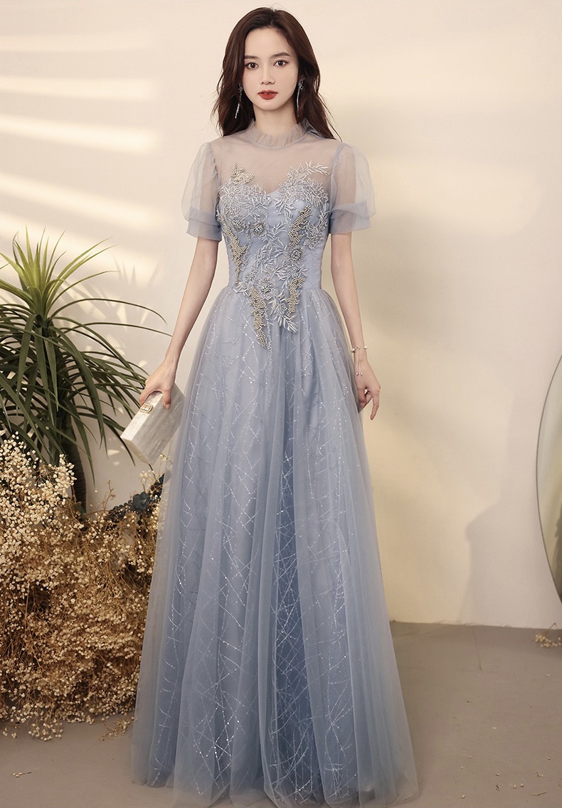 graduation dress high neck Buy Siaoryne Elegant Scoop Neck Lace Blue Long Prom Dress Graduation Gown main image 1