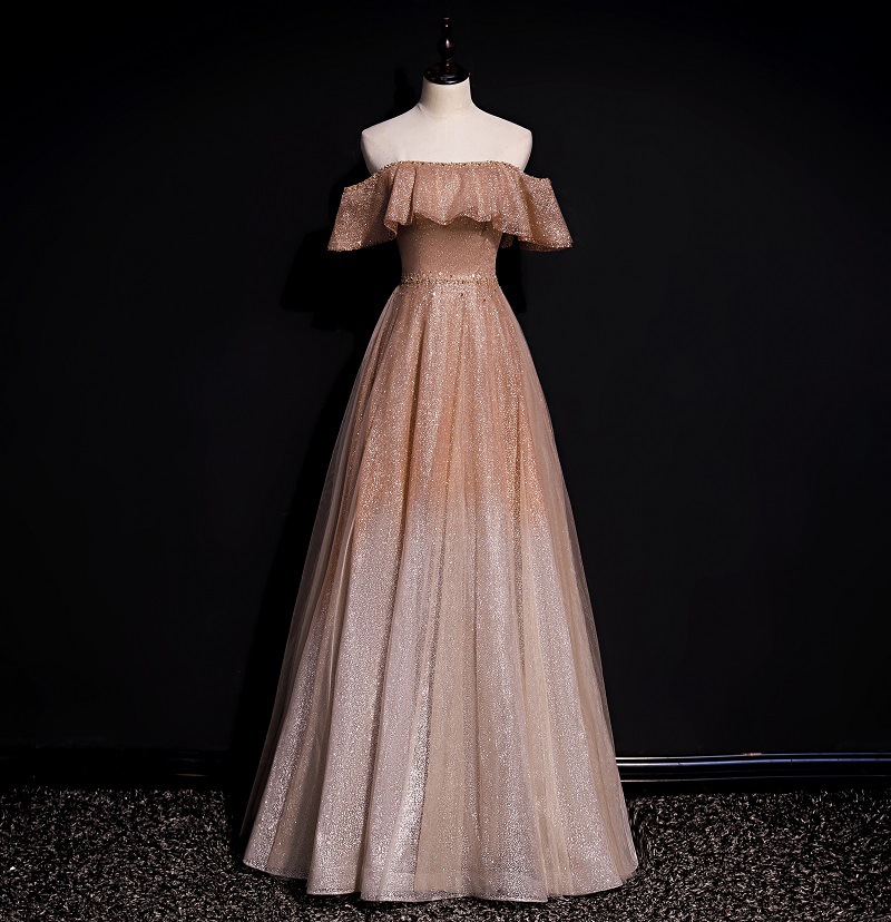 Elegant Evening Dress, Off Shoulder Prom Dress, Shiny Gold Party Dress,custom Made