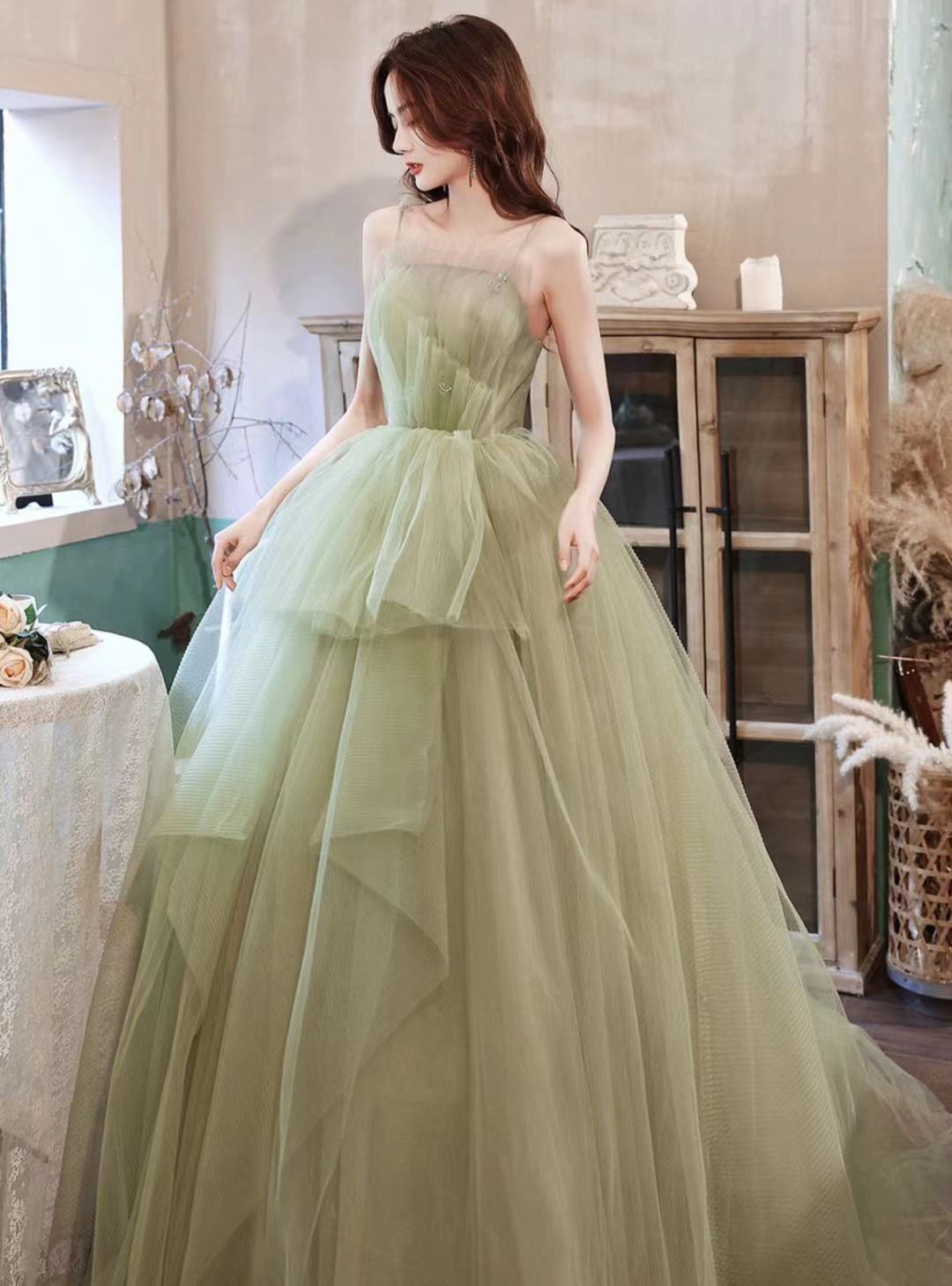 Green Evening Dress, Temperament Light Luxury Dress, Strap Travel Light Wedding Dress,custom Made