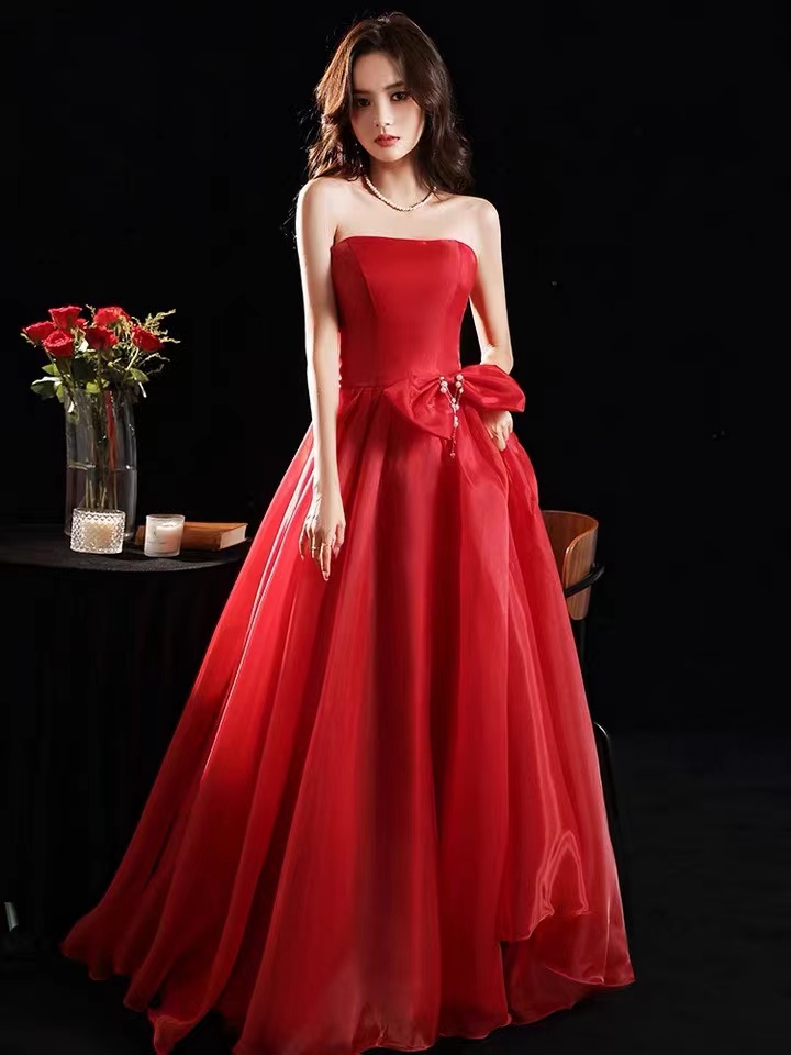 Strapless Evening Dress, Red Charming Prom Dress, Add Sleeve,custom Made