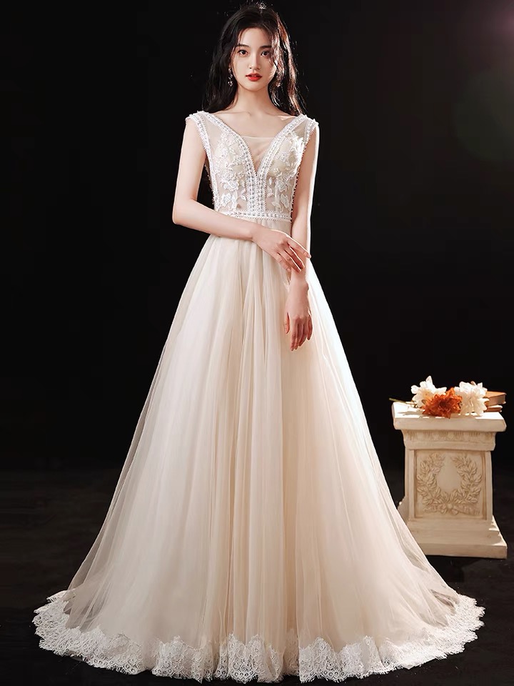 V-neck Bridal Dress, Romantic Trailing Wedding Dress,custom Made