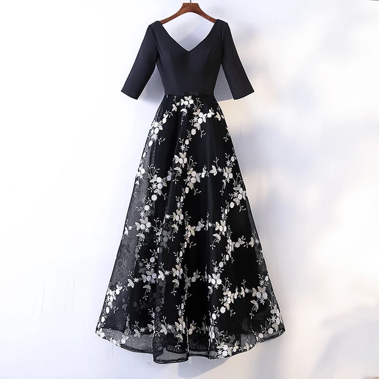 Black Evening Dress, Birthday Dress, V-neck Long Elegant Dress,custom Made