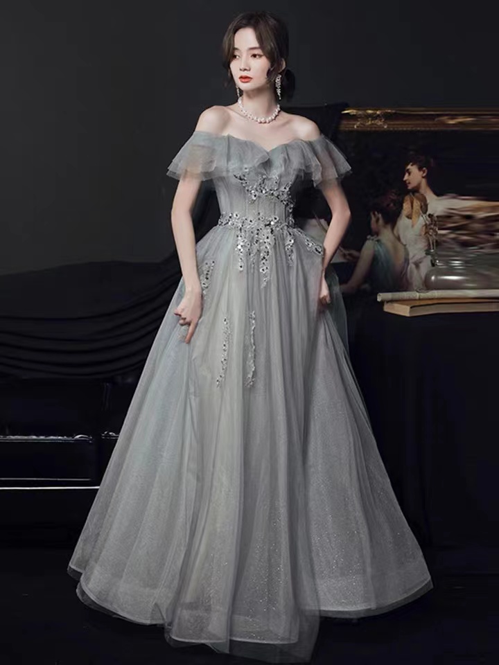 Off Shoulder Evening Dress, Light Luxury Bridesmaid Dress,gray Party Dress,custom Made