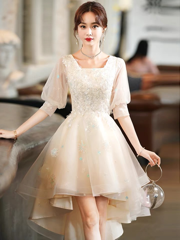 Fairy Evening Dress, Champagne Bridesmaid Dress, Applique Hig Low Dress,homecoming Dress,custom Made
