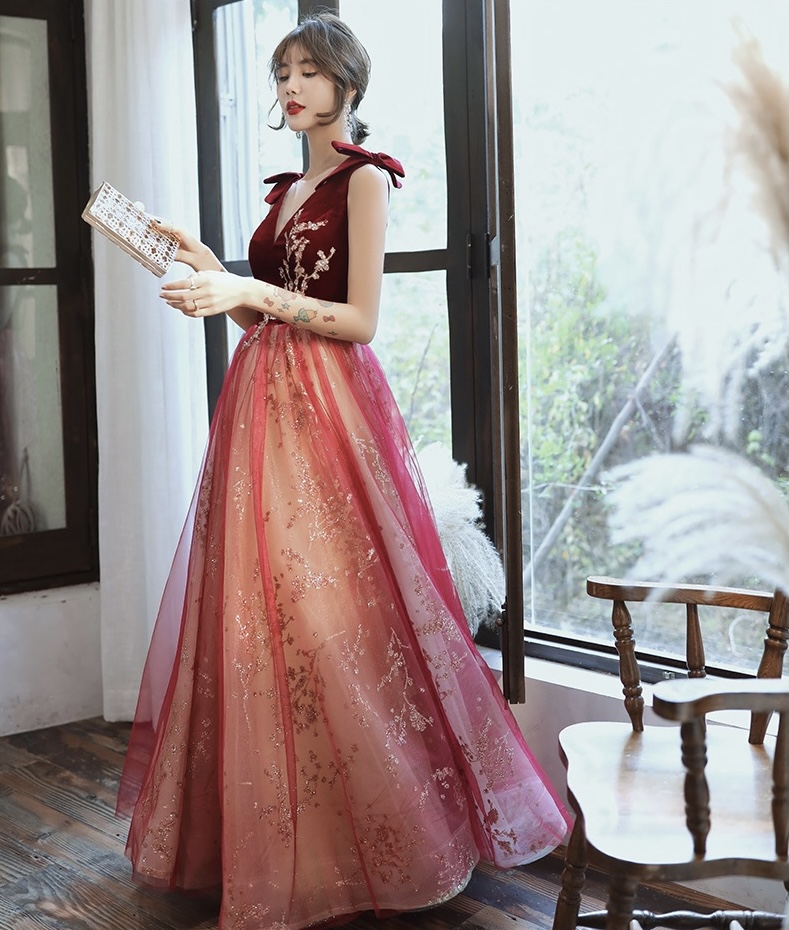 V-neck Evening Dress, Dreamy Fairy Burgundy Prom Dress,custom Made