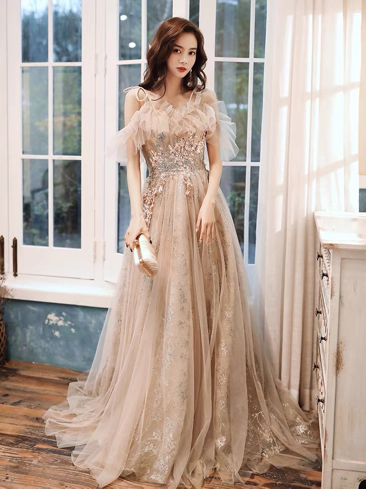 shopluu Gold Tulle Off Shoulder Lace Long Prom Dress Tulle Formal Dress US 14 / Gold