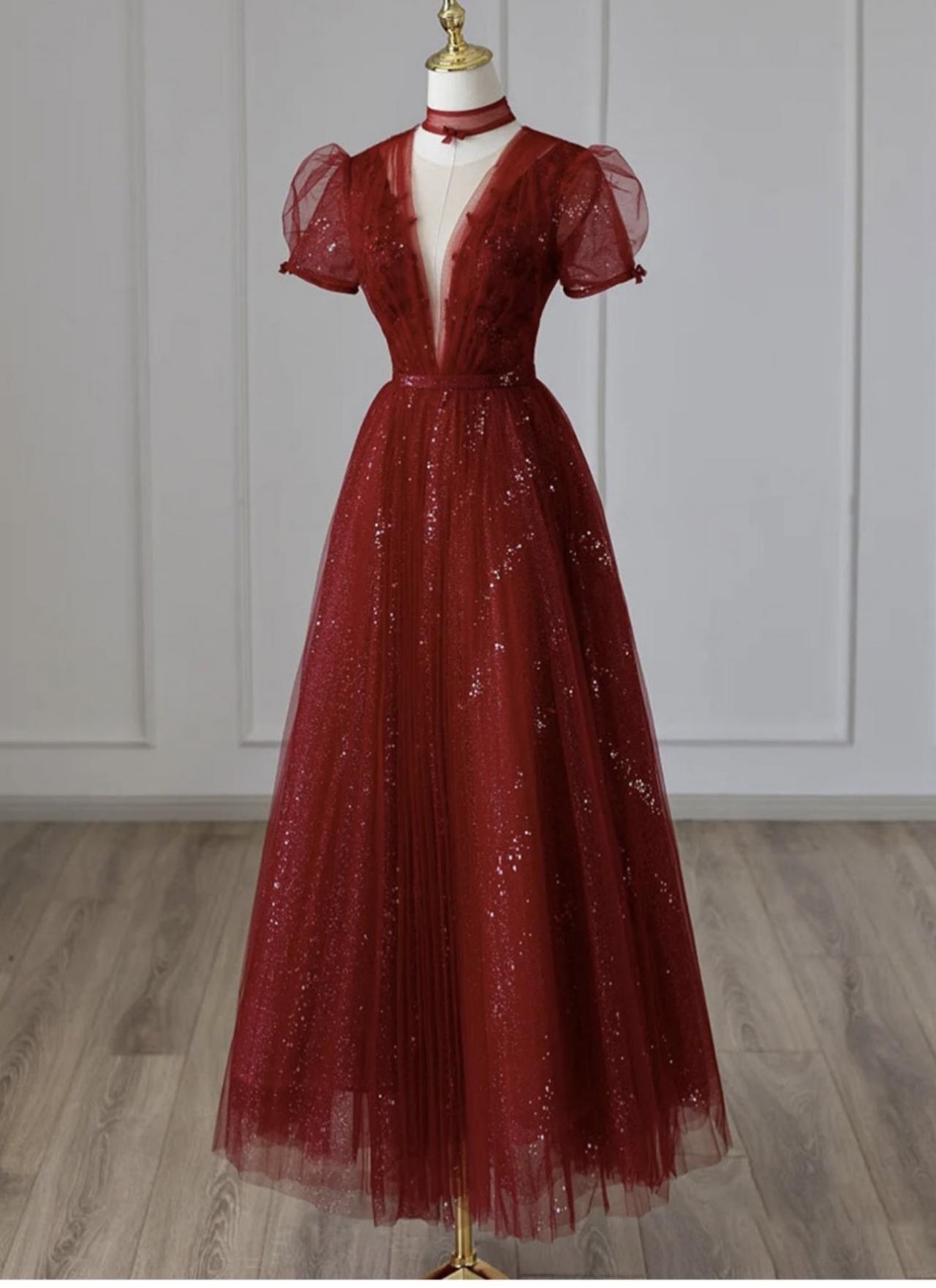 Princess Party Dress, V-neck Prom Dress,class Red Dress,custom Made