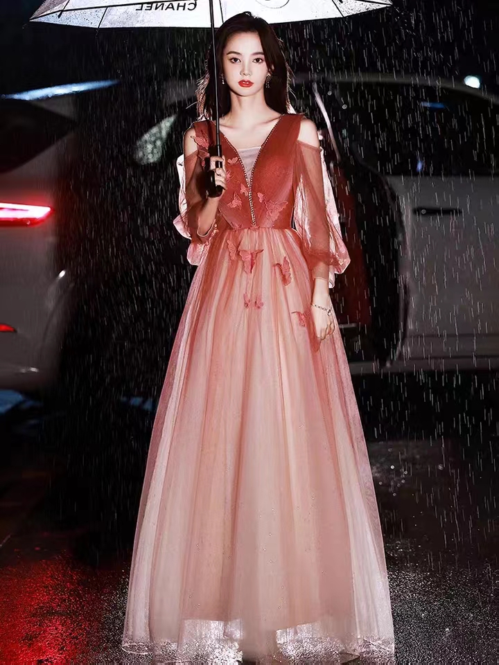 Red Bridal Gown, V-neck Long Fairy Applique Prom Dress,custom Made
