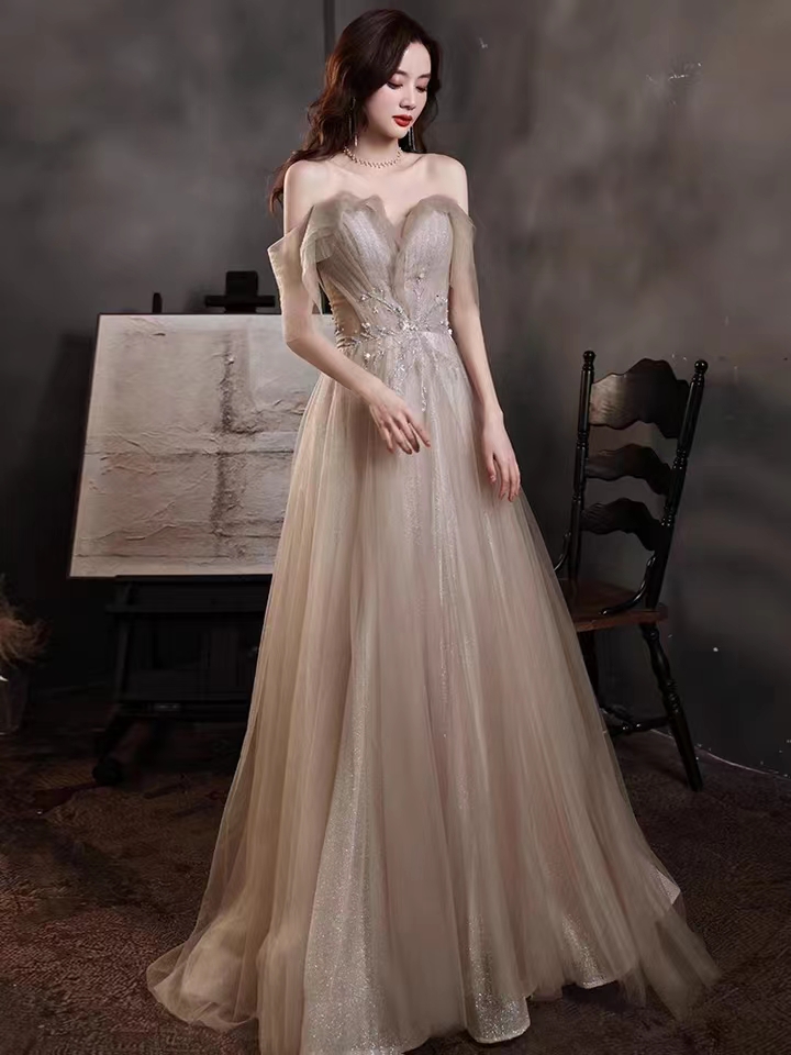 Fairy Prom Dress, Off Shoulder Champagne Dress, Light Luxury Evening Dress,custom Made