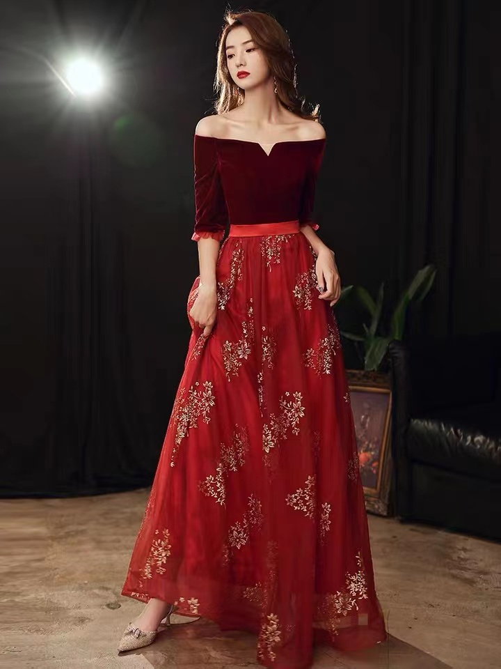 Velvet Dress,off Shoulder Elegant Dress, Red Dress ,custom Made