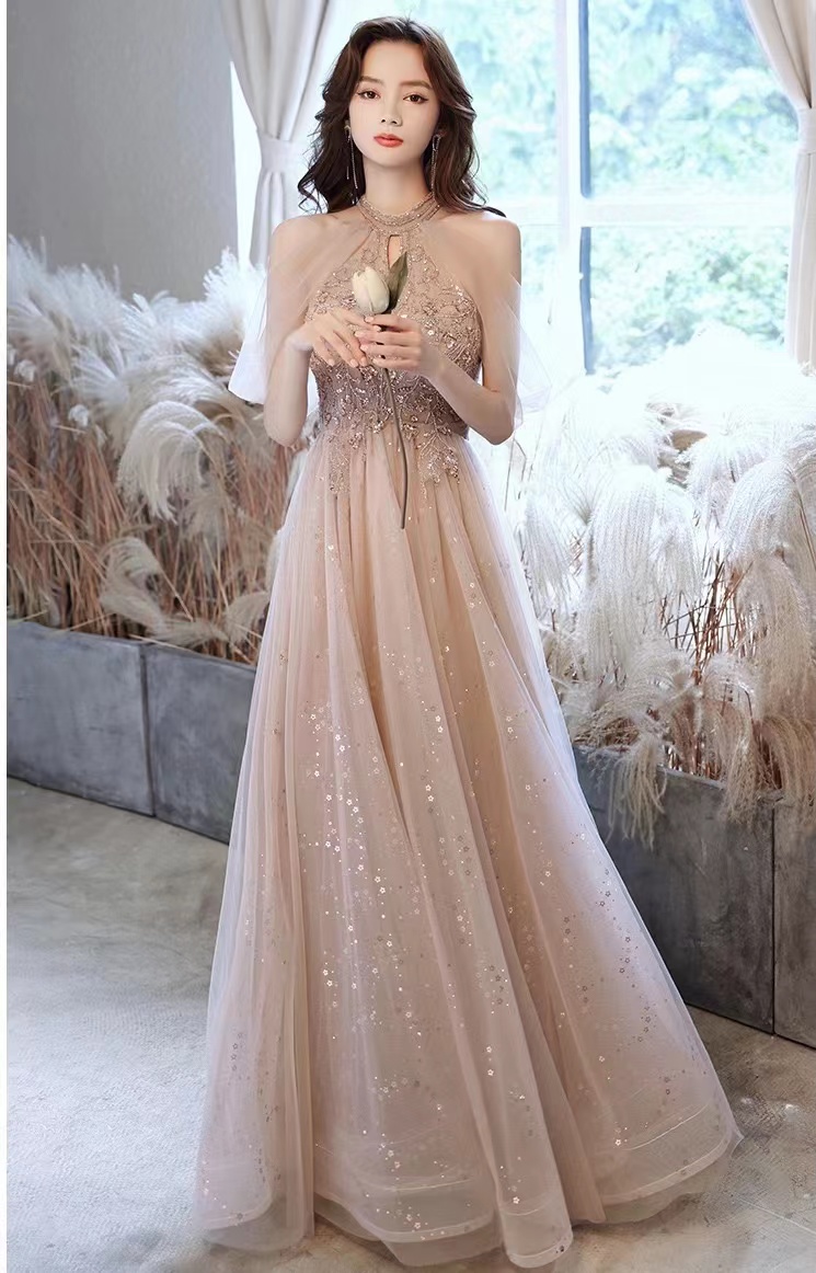 Champagne Evening Dress, Fairy Bridesmaid Dress, Dreamy Halter Neck Prom Dress,custom Made