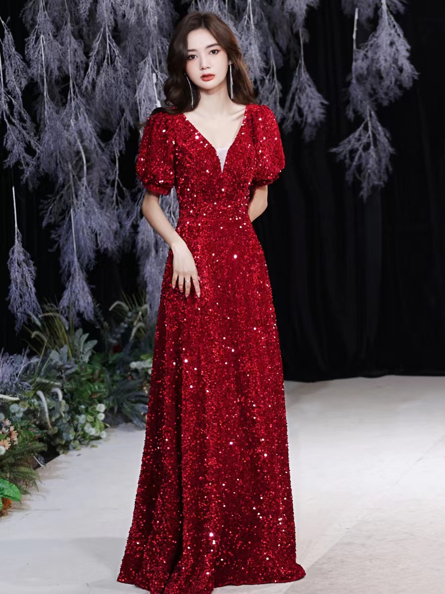 Red Prom Dress, Sequin ,v-neck Party Dress,custom Made