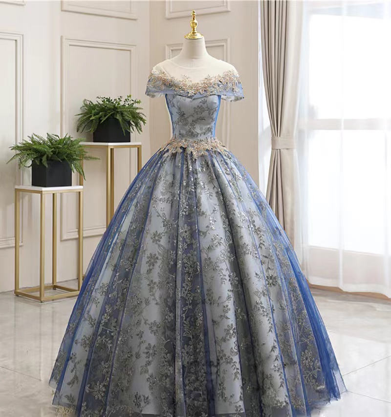 Blue Bridal Dress, Chic Ball Gown Dress, Pomp Floor-length Evening Dress,custom Made
