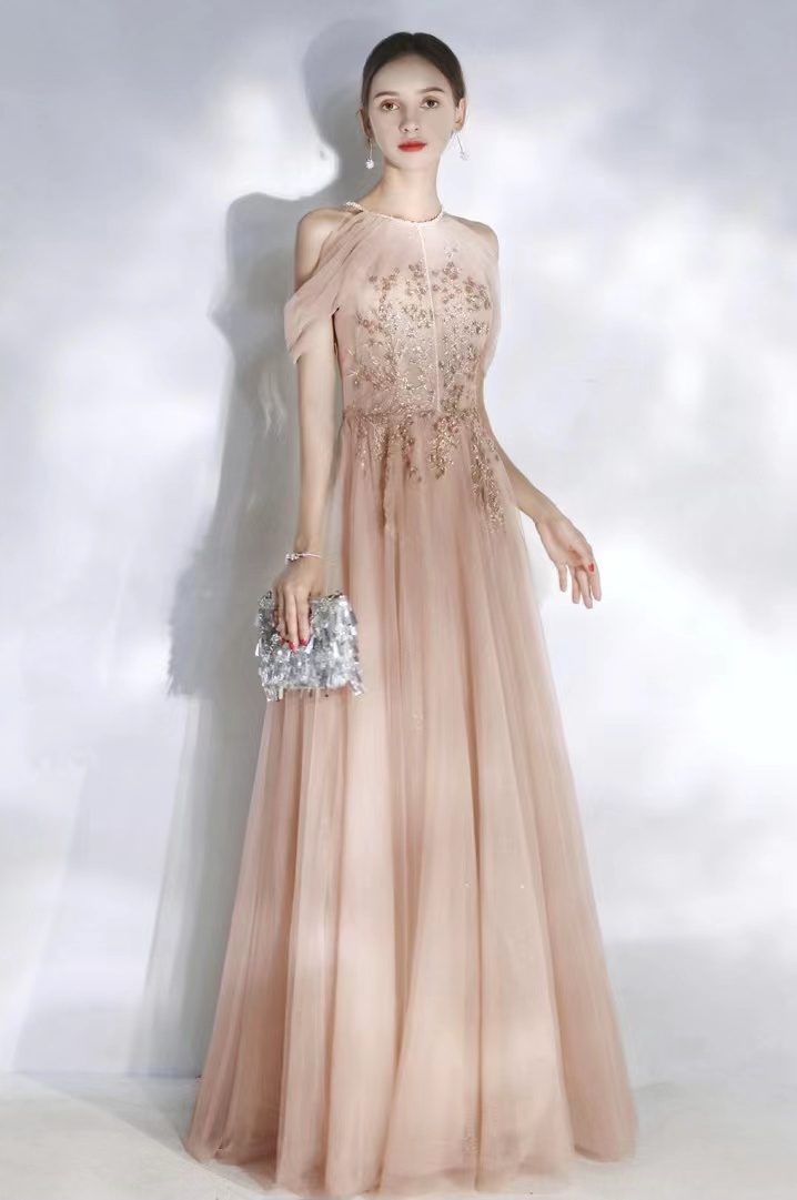 Blush Pink Prom Dress, Halter Neck Party Dress,fairy Evening Dress,custom Made
