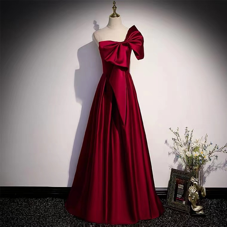 Satin Evening Dress, One Shoulder Prom Dress, Bow Tie, Elegant Dress,custom Made