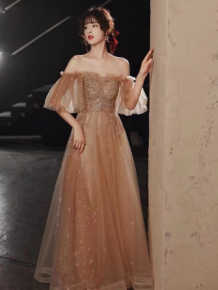 Champagne Bridesmaid Dresses, Off Shoulder Prom Dresses, Sparkly Evening Gowns,custom Made
