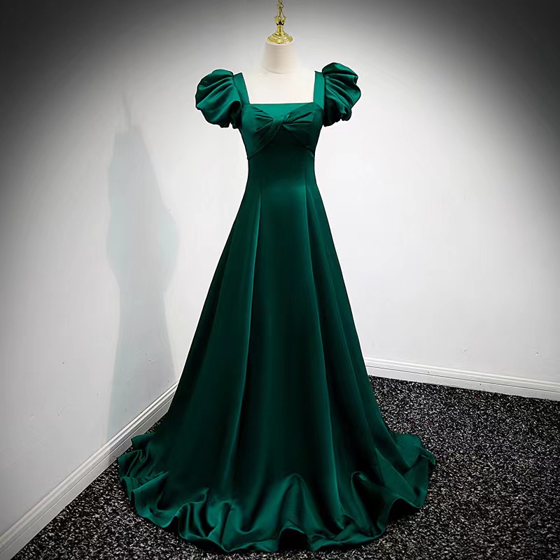 Green Evening Dress, Prom Dress, Bubble Sleeve Satin Elegant Dress,custom Made