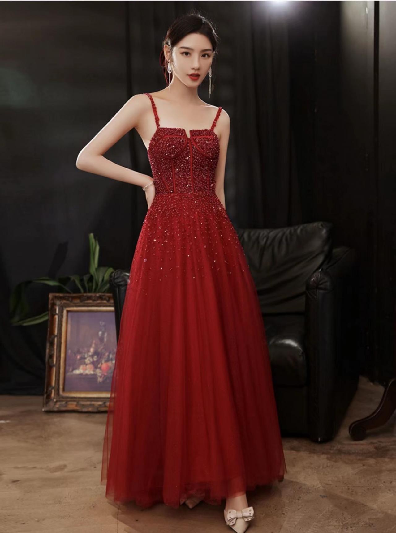 Elegant Red Dress, Classy, Sleeveless Spaghetti Strap Party Dress, Heavy Bead Evening Dress,custom Made