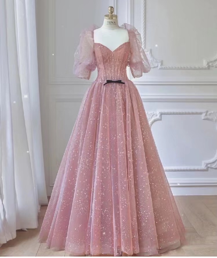 Light Luxury Prom Dress, High-grade Texture Dress, Pink Bridesmaid Dress, Bubble Sleeve Princess Dress,custom Made