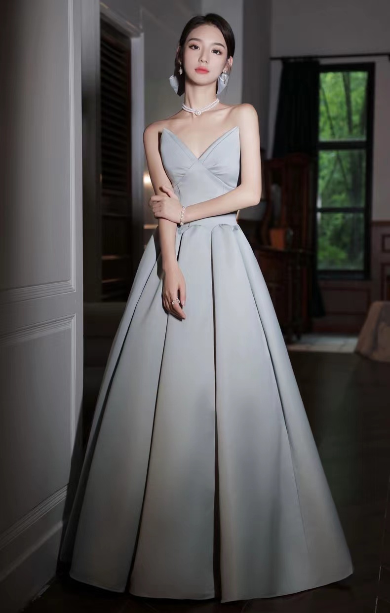 Gray-blue Satin Dress, Strapless Prom Dress, Super Fairy Evening Dress, Sexy Party Dress,custom Made