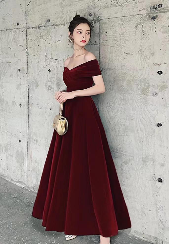 Velvet Prom Dress,burgundy Dress, Off Shoulder Evening Gown,custom Made