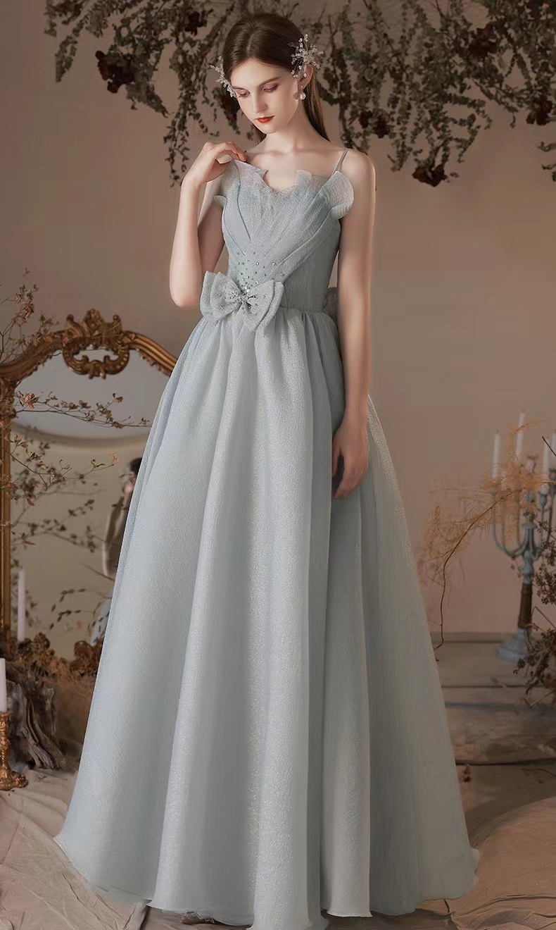 Silver Gray Prom Dress, Spaghetti Strap Starry Evening Dress, Cute Bow Back, Sweet Princess Dress,custom Made