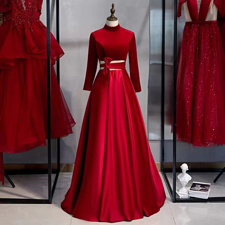 Red Dress, Long Party Dress, Class, Long Sleeve Formal Evening Dress,custom Made