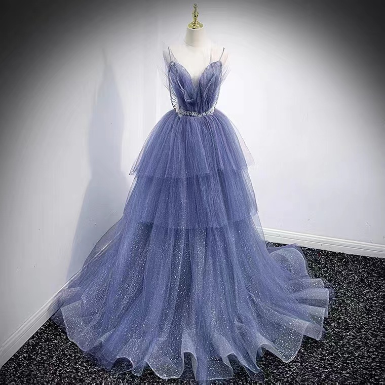 Spaghettis Strap Evening Dress, Blue Dress, Princess Prom Dress,custom Made